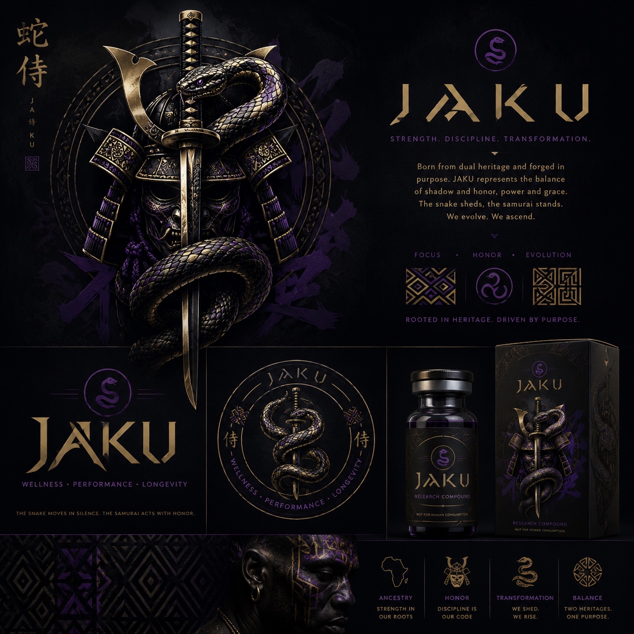 JAKU brand board with serpent and samurai